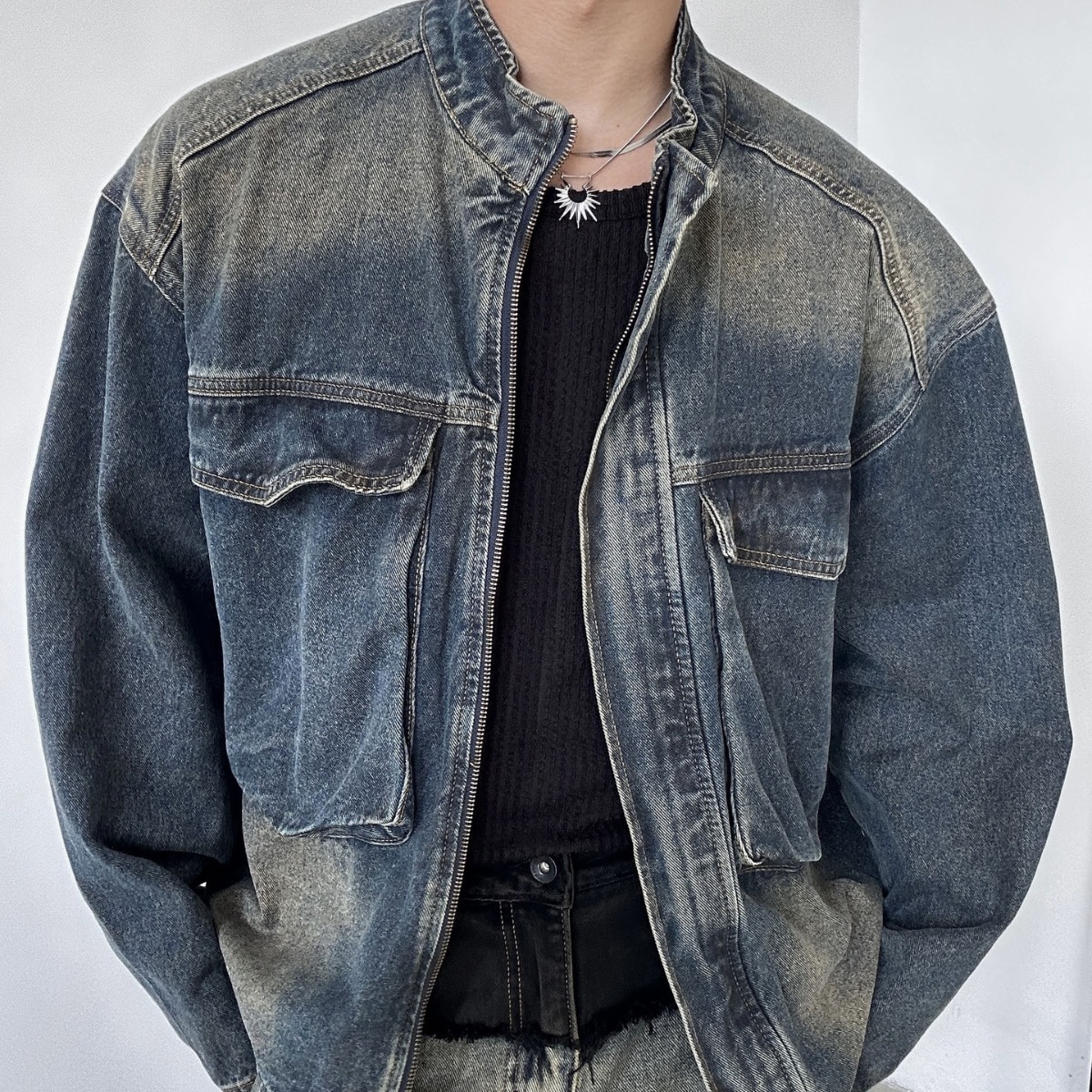 Otoño 2023 nostálgico azul retro flojo gran bolsillo del collar soporte Denim coat hombres casual zipper chaqueta de moda superior