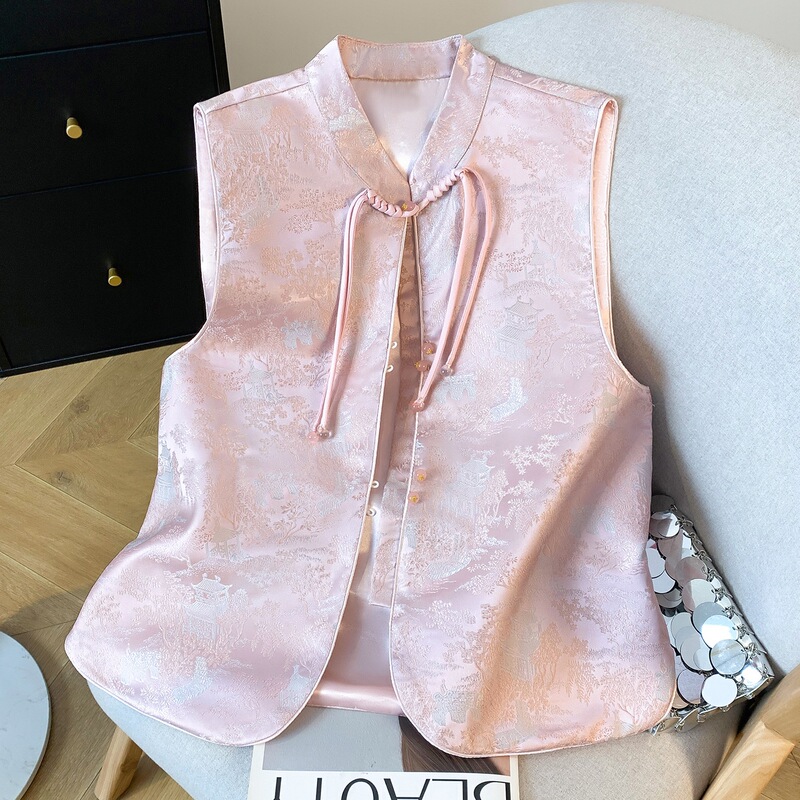 Real Shot of New Chinese Style Hanfu with Classical Temperament Satin Jacquard Vest, Retro Fashion High-End Top Real Shot of New Chinese Style Hanfu with Classical Temperament Satin Jacquard Vest, Retro Fashion High-End Top