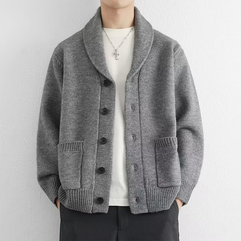 Dark Gray Cardigan Knitwear Men's 2025 Autumn and Winter New Style Lazy Style Loose Casual Simple Knitwear Jacket