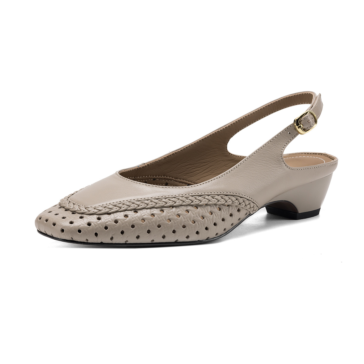 Sandal nữ gót thấp 3.5cm da cừu dệt mũi vuông kiểu Pháp quai một dây — đen