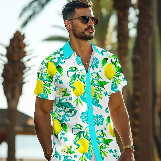Cross-Border Lemon Baroque Print Men's Short-Sleeved Shirt with Contrasting Color Lapel Vacation Beach Casual Top Shirt for Men