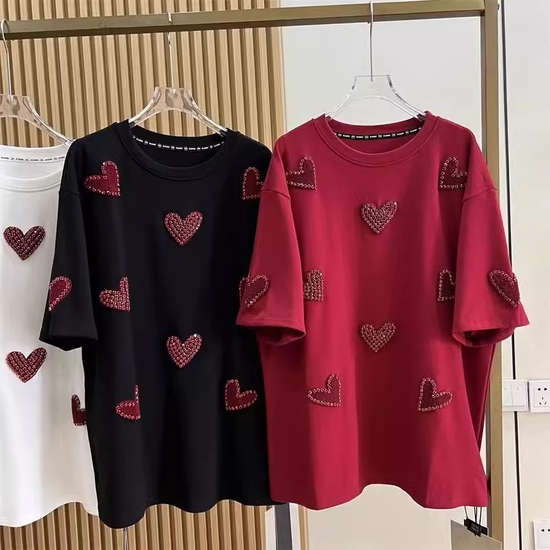 Extra Large Size 1.0-150kg Plus Size Spring Heavy Industry Stereo Heart Towel Embroidered Short-Sleeved T-Shirt Women's Beaded Loose Top