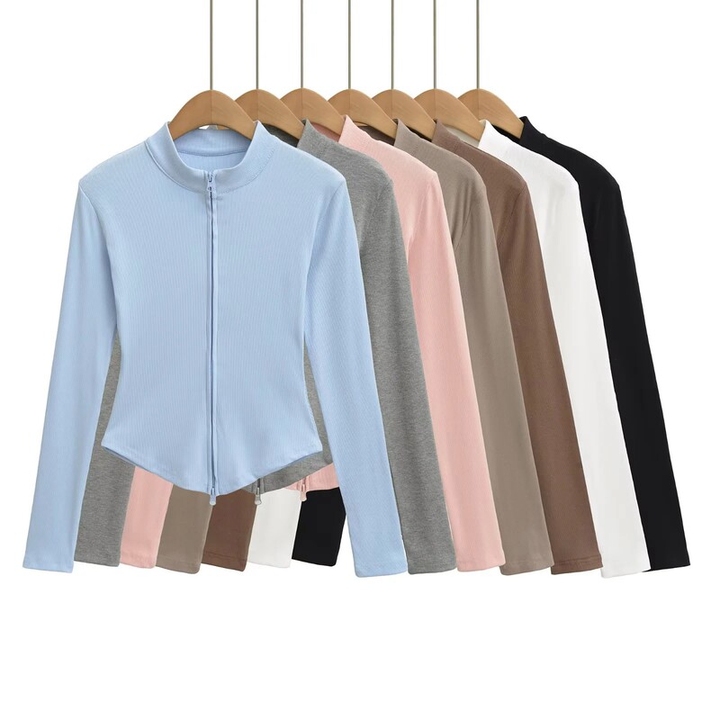 Autumn New Hot Girl Slim-Fitting Bottoming Shirt Women's High Elastic Stand-Up Collar Double-Ended Zipper Waist Jacket Jacket Top Autumn New Hot Girl Slim-Fitting Bottoming Shirt Women's High Elastic Stand-Up Collar Double-Ended Zipper Waist Jacket Jacket Top
