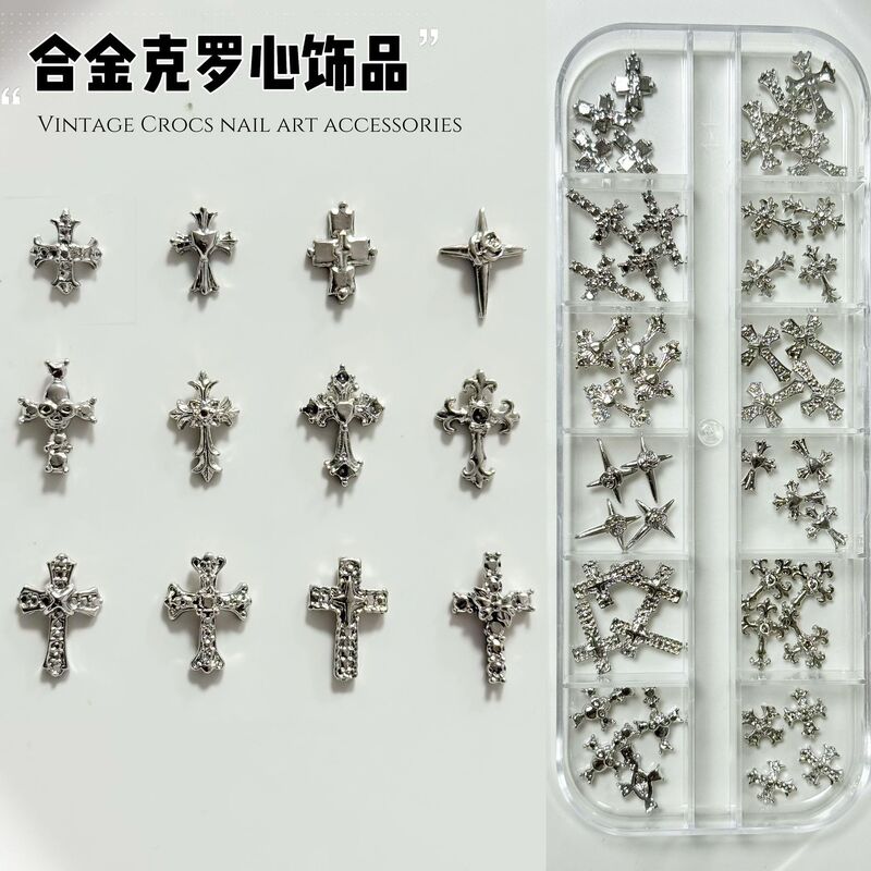 Cross Nail Art Accessories Trendy Silver Retro Crow Heart Starburst Metal Alloy Wearable Nail Decorations
