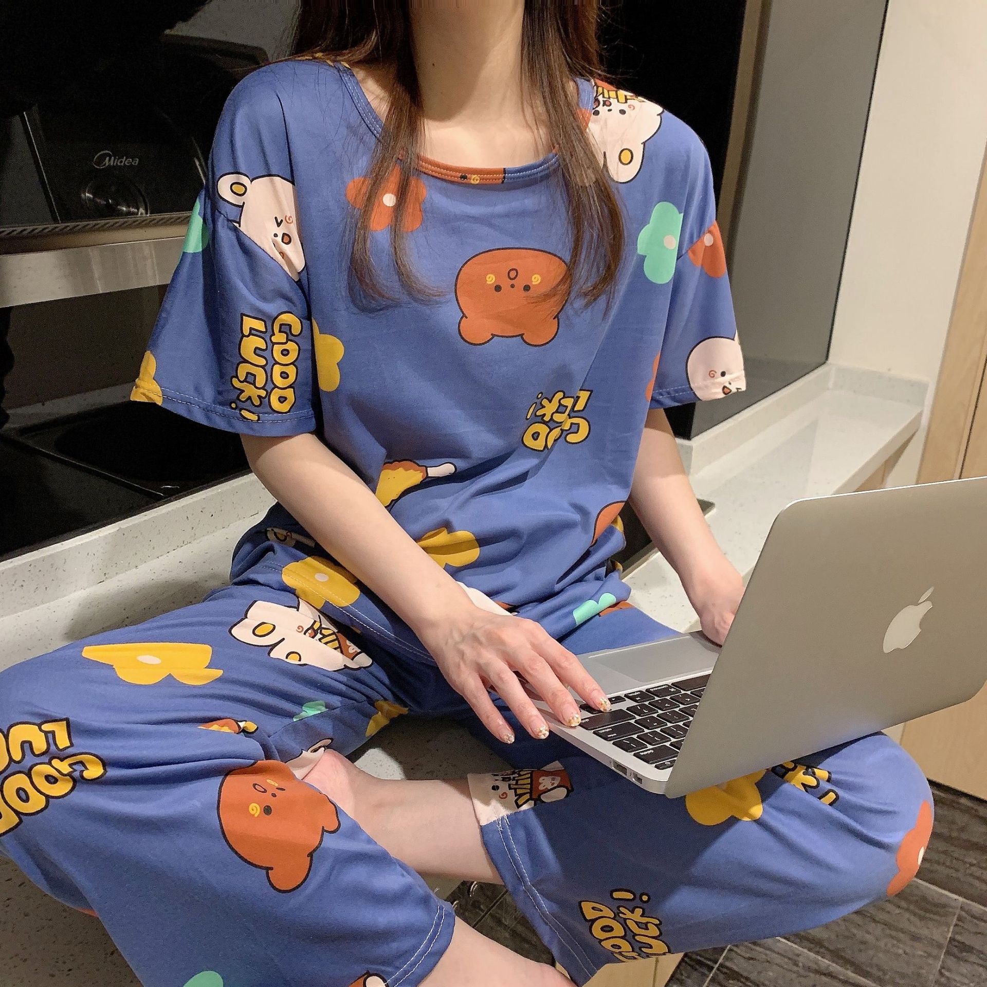 Pijamas primavera y otoño de las mujeres de verano Pantalones de manga corta más el tamaño flojo estilo coreano fresco lindo estudiante dulce traje de desgaste para el hogar