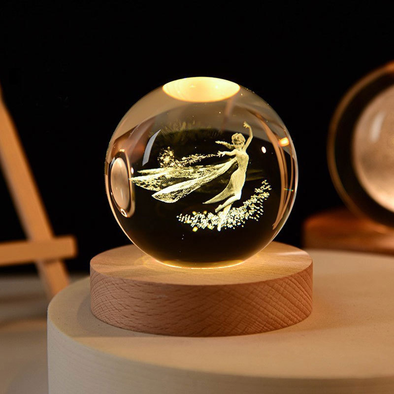 temu amazon una lámpara de noche de cristal de bola galáctica 3D láser interior grabado adornos de madera lámpara de noche galáctica