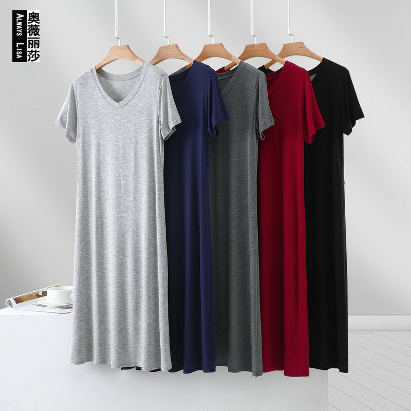 2025 Modal Cotton Dress Women's Summer Loose Large Size Elegant Slim Versatile V-Neck Korean Style Short-Sleeved Long Skirt