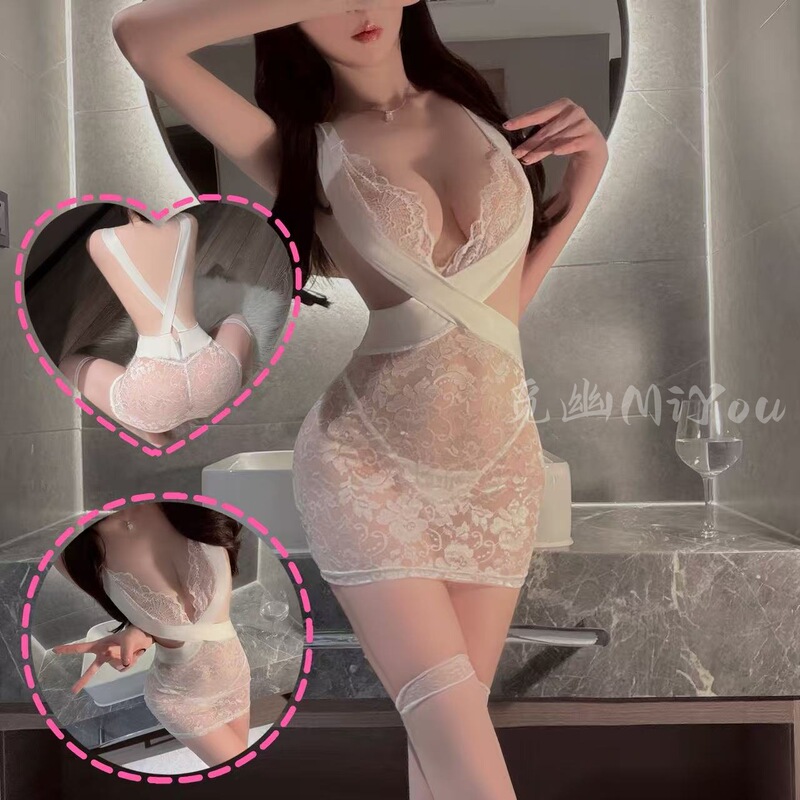 Miyou Sexy Lingerie, Sexy Lace Sleeveless Deep V One-Piece Hip-Hugging Skirt, Tempting Hot Girl White Y8022