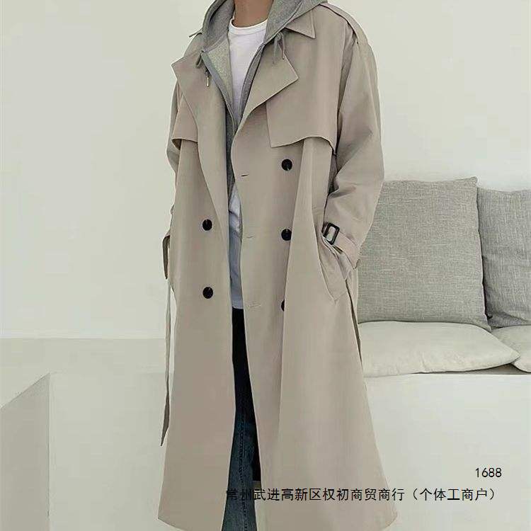 Korean style new men's trench coat, double-breasted, mid-length, trendy, casual, solid color, belted coat.