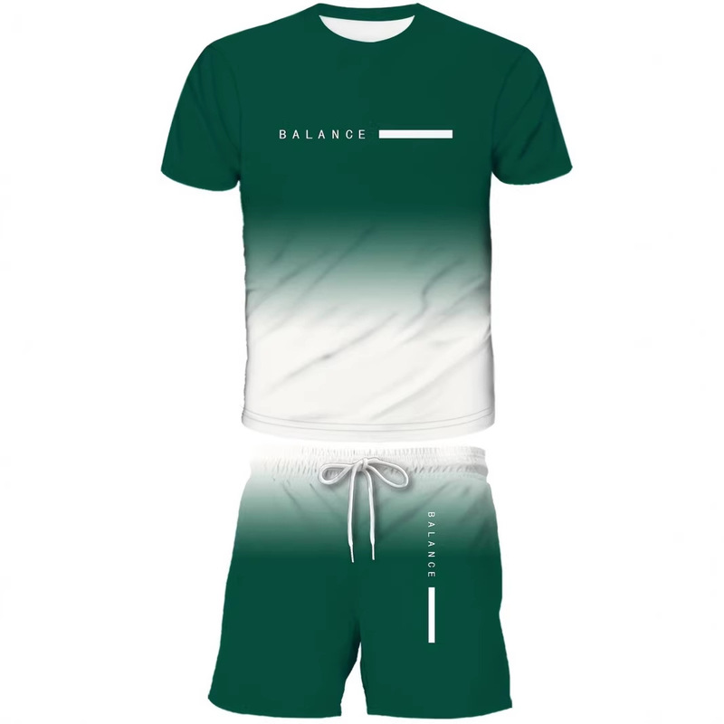 Cross-border gradient letter print men's round neck short-sleeve T-shirt + shorts set men's sports suit manufacturer supply Cross-border gradient letter print men's round neck short-sleeve T-shirt + shorts set men's sports suit manufacturer supply