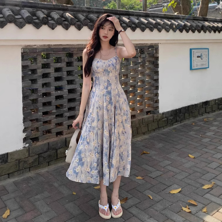 레트로 프렌치 블루 유화 롱 스커트 비치 스커트 꽃무늬 서스펜더 드레스 여성 여름 요정 스타일 하이 엔드