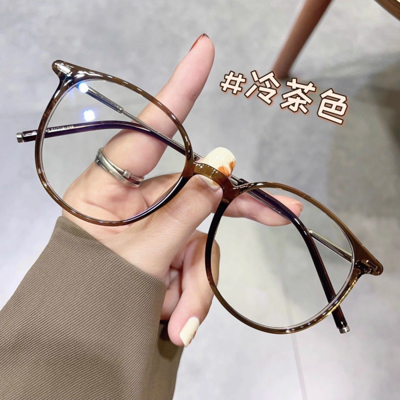 Cold Tea Frame for Women with Myopia, Prescription, Round Face, No Makeup Artifact, Anti-Blue Light Flat Mirror, Big Face, Slimming Look Tr, Ultra-Light
