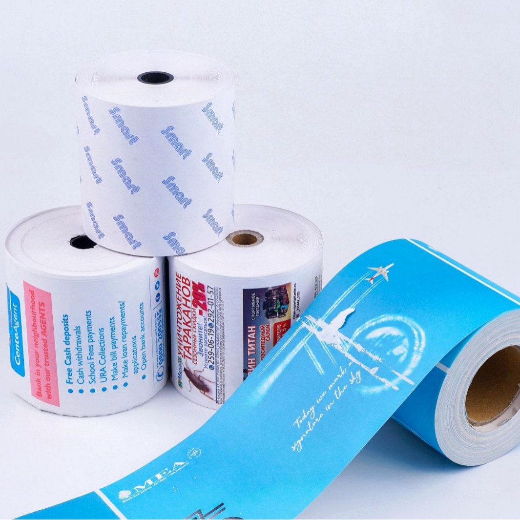 Cualquier especificación de papel térmico personalizado papel de caja registradora térmica logotipo impresión patrón de color papel de boleto pequeño papel de impresión térmica