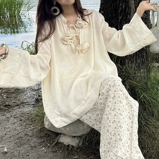 现货Owi手作花漪轻透苎麻V领三绑带捏褶立领宽松罩衫拼接百搭衬衣