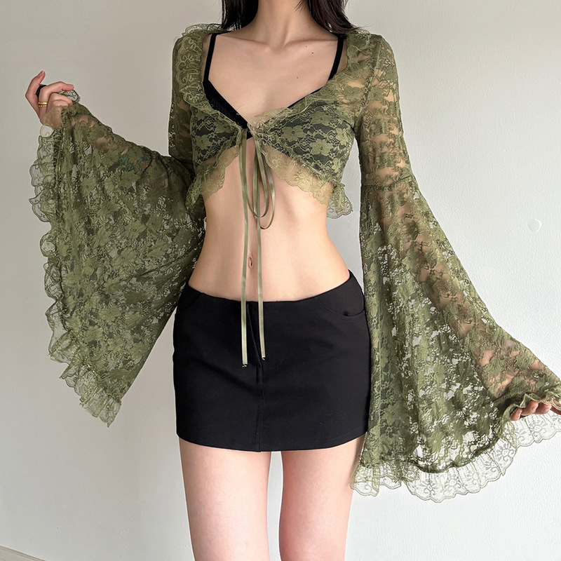 Retro Vintage Forest Style Slightly See-Through V-Neck Lace Splicing Bell Sleeve Blouse Millennium Sexy Niche Design Cardigan