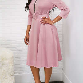 2018秋冬亚马逊速卖通巴西新款收腰拉链中长袖连衣裙女装配腰带