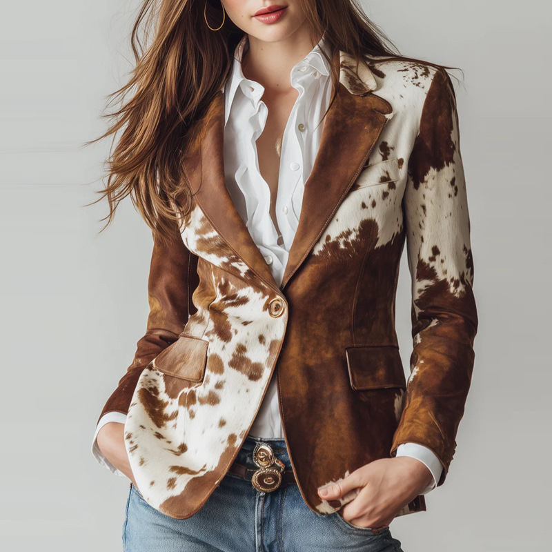 European and American Cross-Border Independent Website Women's Clothing Lapel Printed Long-Sleeved Jacket Women's Retro Style Small Suit Jacket Women's Autumn and Winter European and American Cross-Border Independent Website Women's Clothing Lapel Printed Long-Sleeved Jacket Women's Retro Style Small Suit Jacket Women's Autumn and Winter