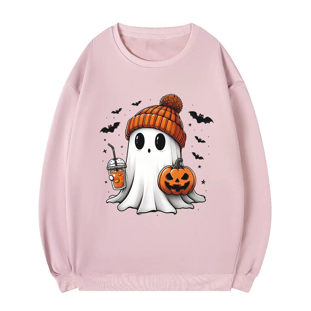 Women's Clothing Round Neck Halloween Sweater Ghost Pumpkin Bat Loose Large Size Terry Sweater Spot_voghion.com