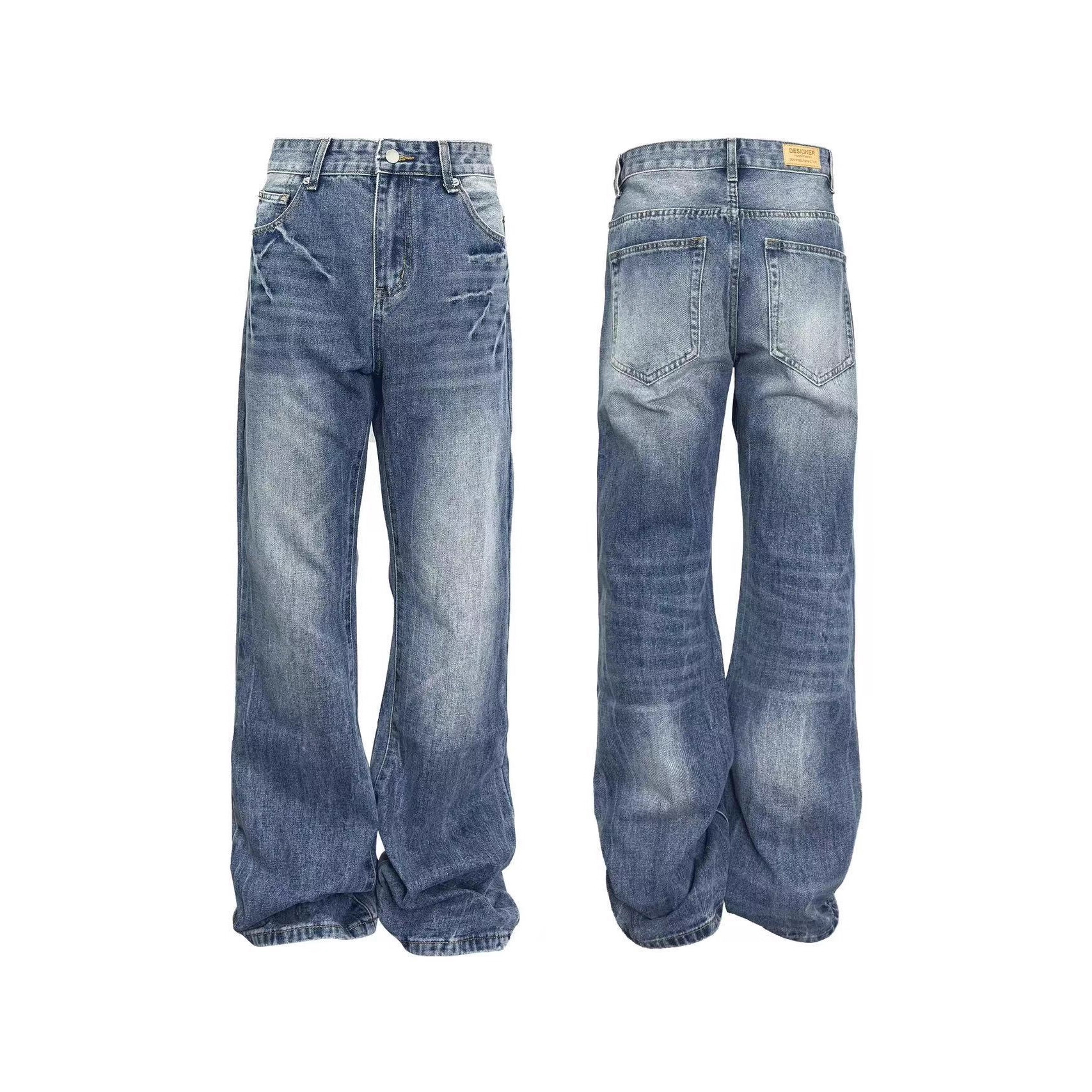 American High Street Lightning Crack Washed Jeans Men's Mid-Waist Straight Leg Pants Cleanfit Slim Pants