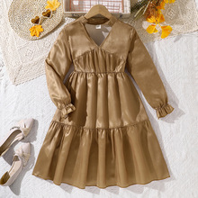 跨境大童女装25秋冬新款欧美气质V领长袖大摆收腰显瘦绒面连衣裙