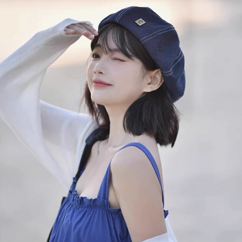 Spring and Autumn Trendy Lettered Denim Beret Hat for Women, Same Style as Internet Celebrities, Retro Hong Kong Style, Face-Slimming Beret Painter Hat Spring and Autumn Trendy Lettered Denim Beret Hat for Women, Same Style as Internet Celebrities, Retro Hong Kong Style, Face-Slimming Beret Painter Hat