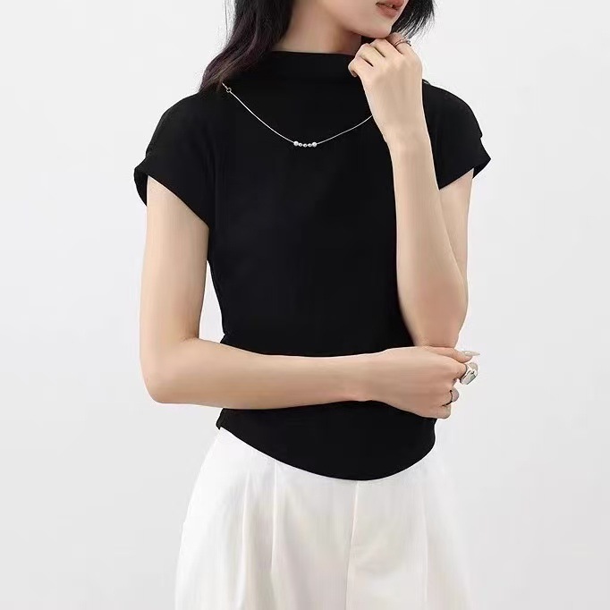 1041 [No Decorative Chain] Summer New Women's Pure Color Pleated Waist Versatile Slimming Look T-Shirt