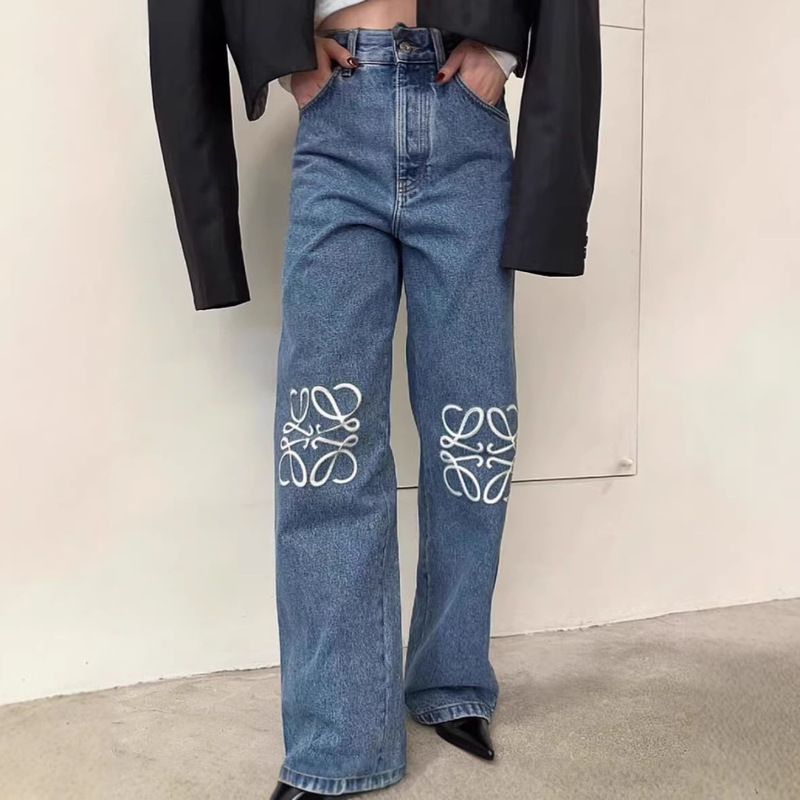 2026 Early Spring Loe New Niche Design Trendy Brand Embroidered Logo Wide-Leg Casual Loose Straight Jeans