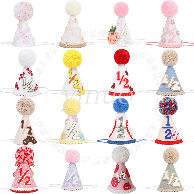 Cross-Border Hot-Selling Baby Birthday Pom-Pom Hat 1/2 Number Cone Hat Children's Half-Year Birthday Party Decoration Hat
