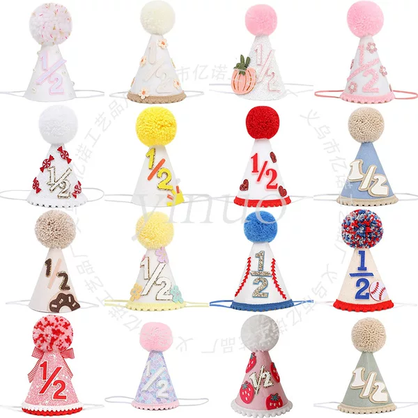 Cross-Border Hot-Selling Baby Birthday Pom-Pom Hat 1/2 Number Cone Hat Children's Half-Year Birthday Party Decoration Hat