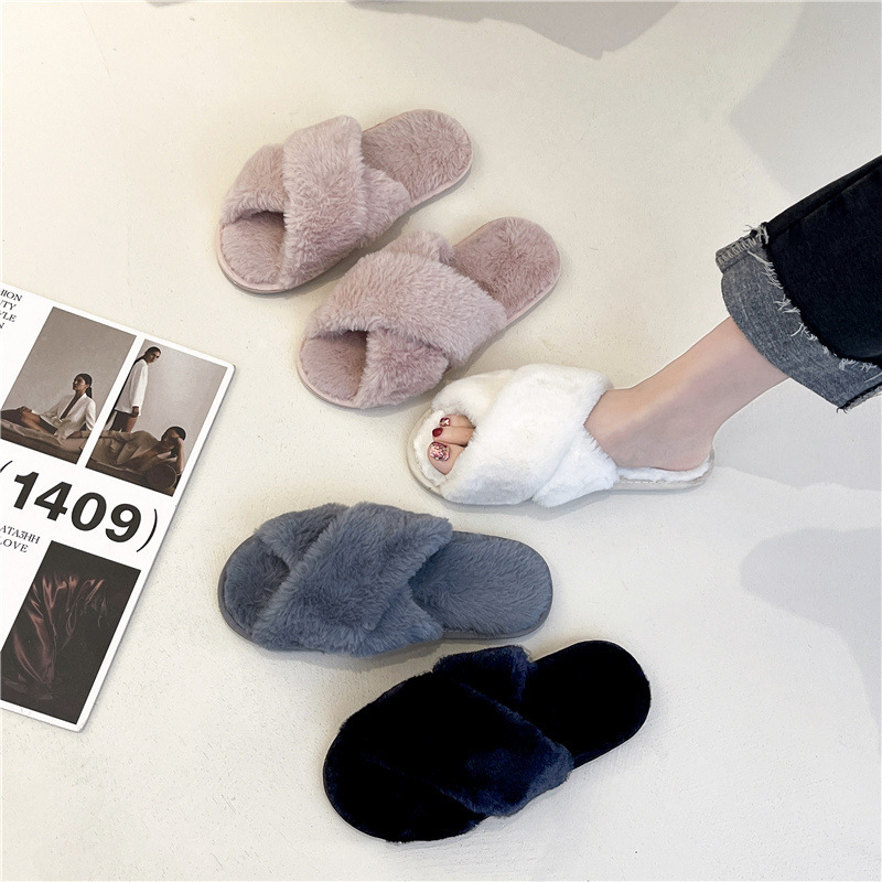 Pantuflas de lana cruzada de estilo explosivo transfronterizo para mujeres en otoño e invierno