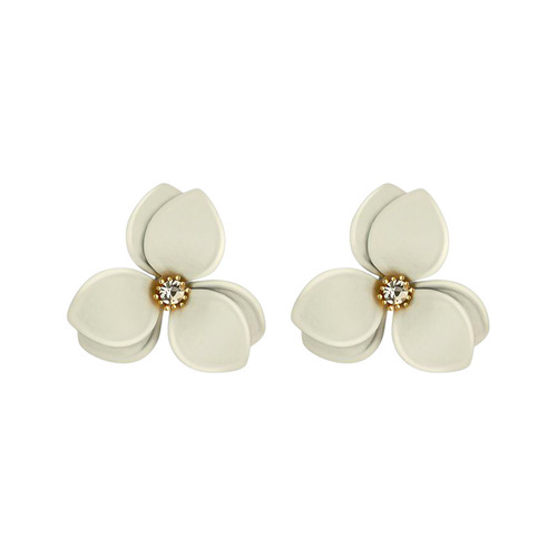 Elegant two-layer floral earrings with misty paint, embellished with white zirconia and three-petal design, silver needle earring.