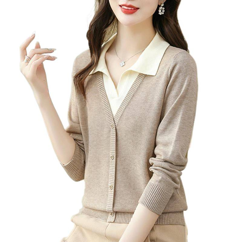 Falsas dos piezas de polo de cuello jersey suéter de mujer otoño y invierno nuevo color de alto grado caliente coreano corto top