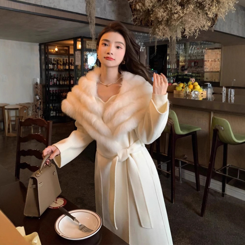 High-grade Wool Coat Women's 2024 Autumn and Winter New Mid-length Fox Fur Double-sided Wool Tweed Fur Coat Women