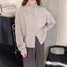 日韩系复古双拉链毛衣外套女秋冬落肩袖高领休闲百搭针织开衫上衣