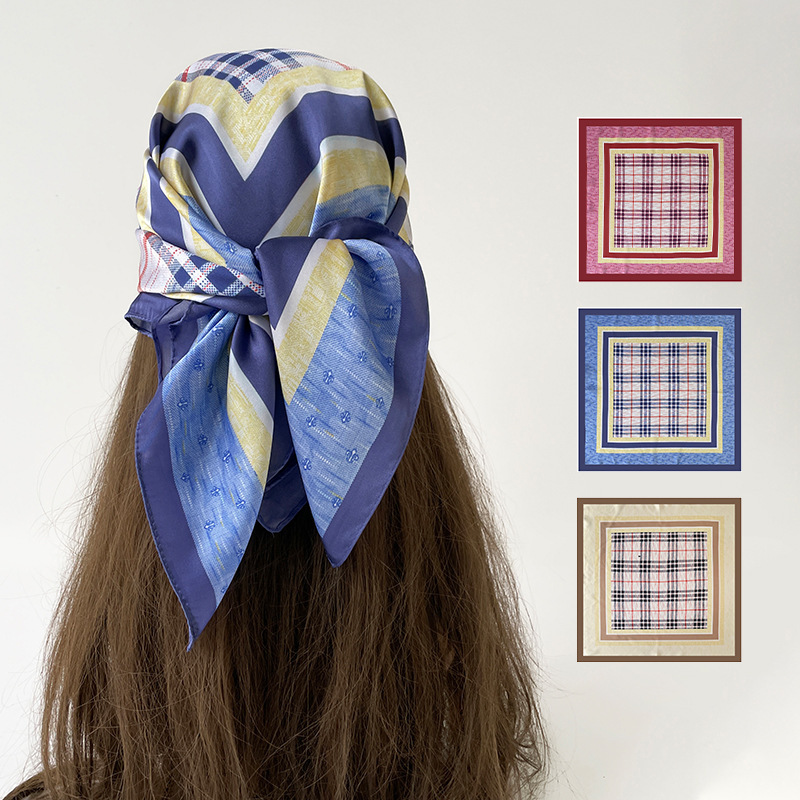 New European and American cross-border plaid print square scarf 68cm silk scarf, high-end women's headscarf, Korean retro foreign trade scarf New European and American cross-border plaid print square scarf 68cm silk scarf, high-end women's headscarf, Korean retro foreign trade scarf