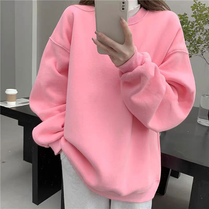 New European-Style Peach Pink Spring, Autumn, and Winter Loose Round Neck Solid Color Sweatshirt for Women with Fleece Lining and Thickened Top Trendy