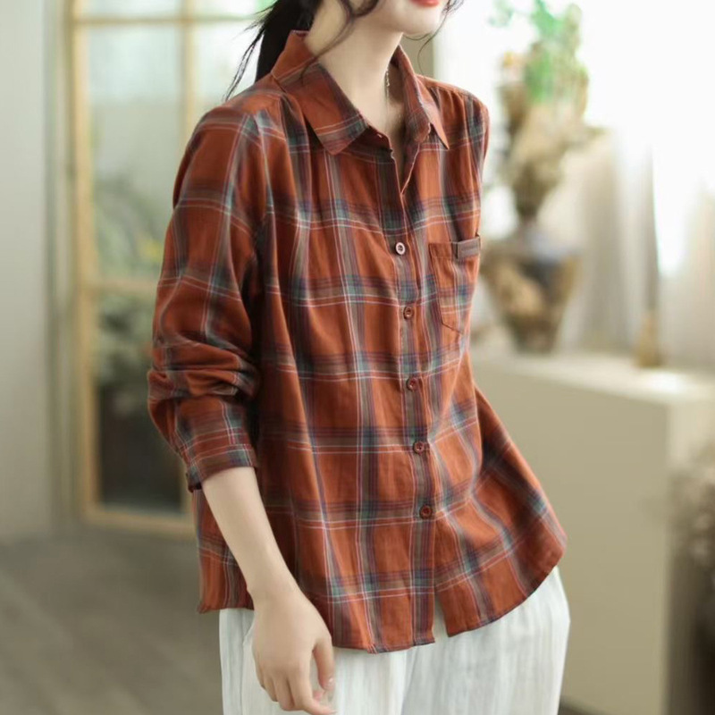 复古格子双层棉宽松衬衫女春秋新款休闲减龄叠穿衬衣长袖上衣|undefined