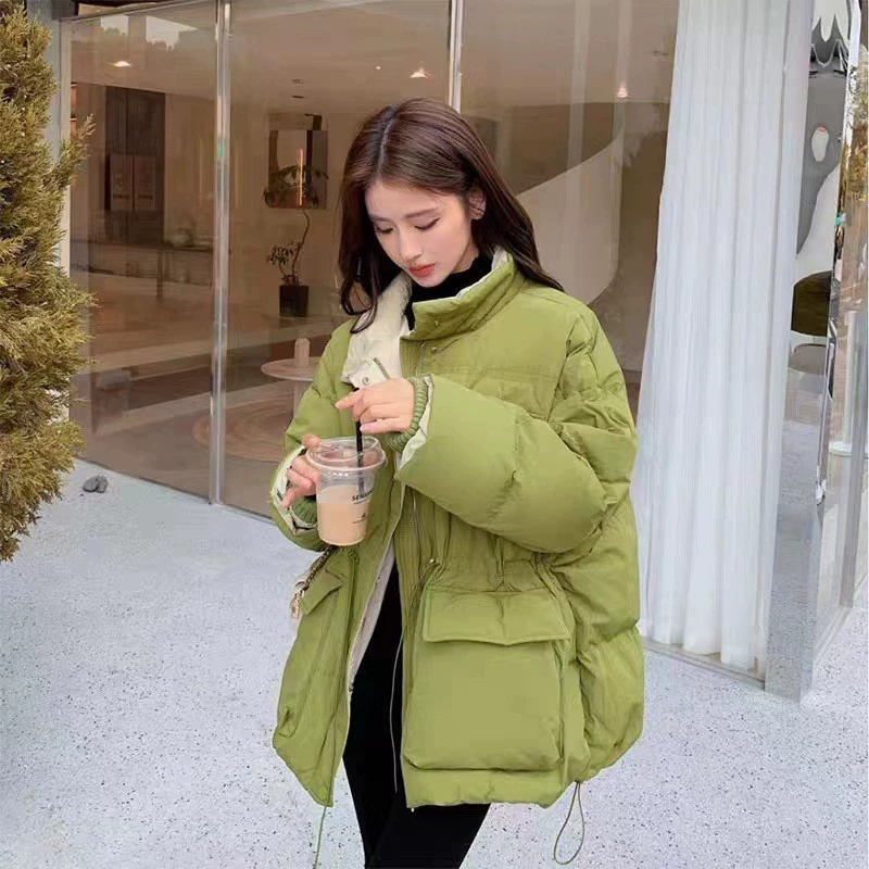 2023 Новый пуховик контрастного цвета с вертикальным воротником на талии на шнурке свободный очень утолщенный теплый белый утиный пуховик