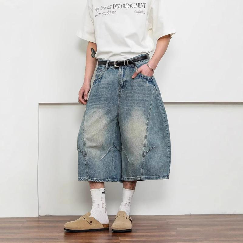 American Street Retro Washed Cracked Scimitar Cropped Jeans for Men and Women Loose Wide-Leg Hip-Hop Street Shorts