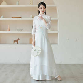改良汉服女中式中国风唐装旗袍连衣裙春夏季白色仙气禅意茶服长款