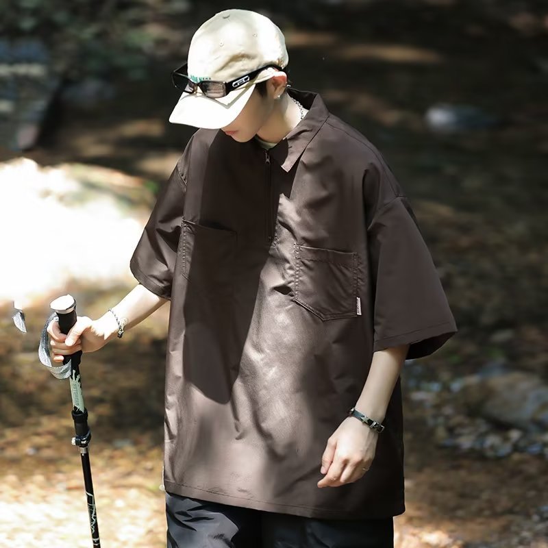 boy Japanese Style Half-Zip Polo Short Men's Summer Heavyweight Workwear Shirt T-Shirt Trendy Brand Retro Half Sleeve Top_voghion.com