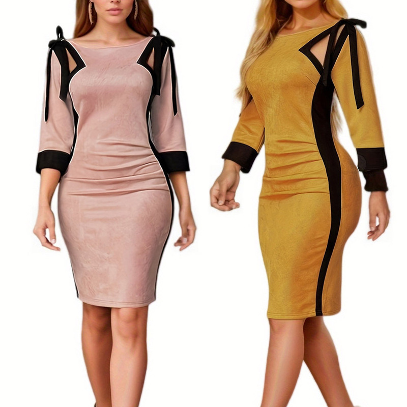 Cross-border Explosions Women's Clothing European and American Hot Seven-point Sleeve Round Neck Hollow Professional Hip Commuter Pencil dress