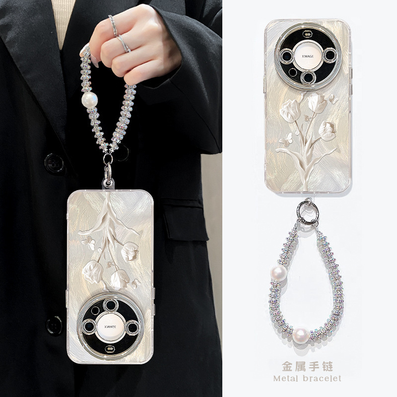 White Tulip Bracelet for Huawei mate60pro Phone Case Pura70 Fine Hole Feather Yarn Nova13 Bracket