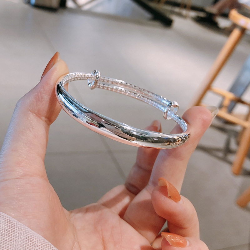 Foot Silver 999 Smooth Silver Bangle Retro Ethnic style Bright surface Bracelet Women silverware Silver bracelet