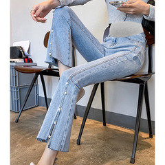 9238 Pregnant Women High-Elasticity Denim Jeans with Personalized Fringe Beading Spring and Autumn Style Pants Casual Pants Bell Bottoms for Outside Wear