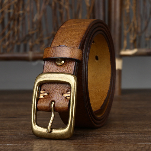 3.3CM wide retro washed first-layer pure cowhide belt for men, genuine leather, Korean version, trendy copper buckle, women's casual belt