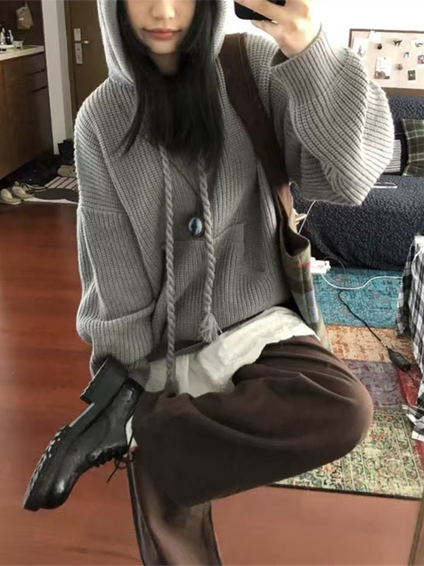 半拉链连帽毛衣女秋冬季新款宽松卫衣软糯针织帽衫外套慵懒风上衣|undefined