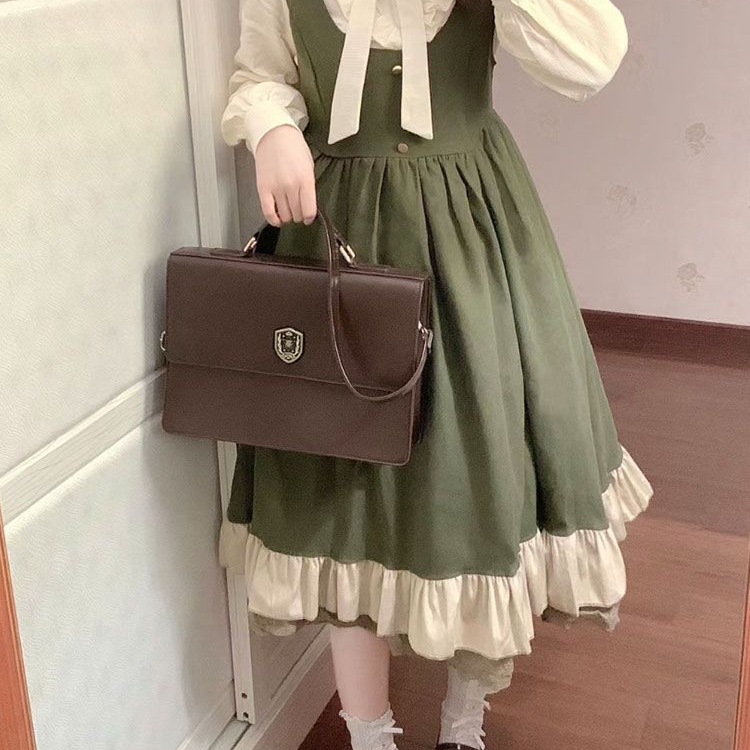 日系甜妹可爱花边背带连衣裙女学生秋季新款小个子蝴蝶结衬衫套装