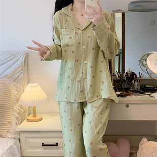 Pajamas Autumn Women's Long Sleeve Cardigan Suit Mori Small Fresh Matcha Green Bubble Crepe Home Wear Wholesale