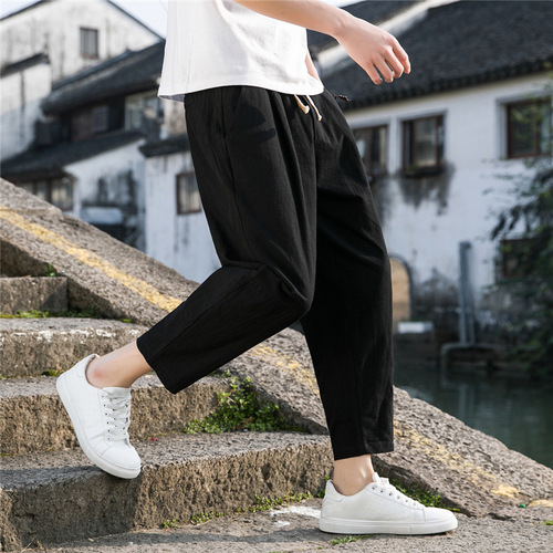 New Chinese-style cotton and linen pants for men, summer thin loose wide-leg pants, cotton and linen and harem casual pants, simple quarter pants for men